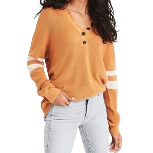 AEO Sweater Varsity Stripe Henley Lightweight Pullover Honey Orange Off White XS - Picture 3 of 12